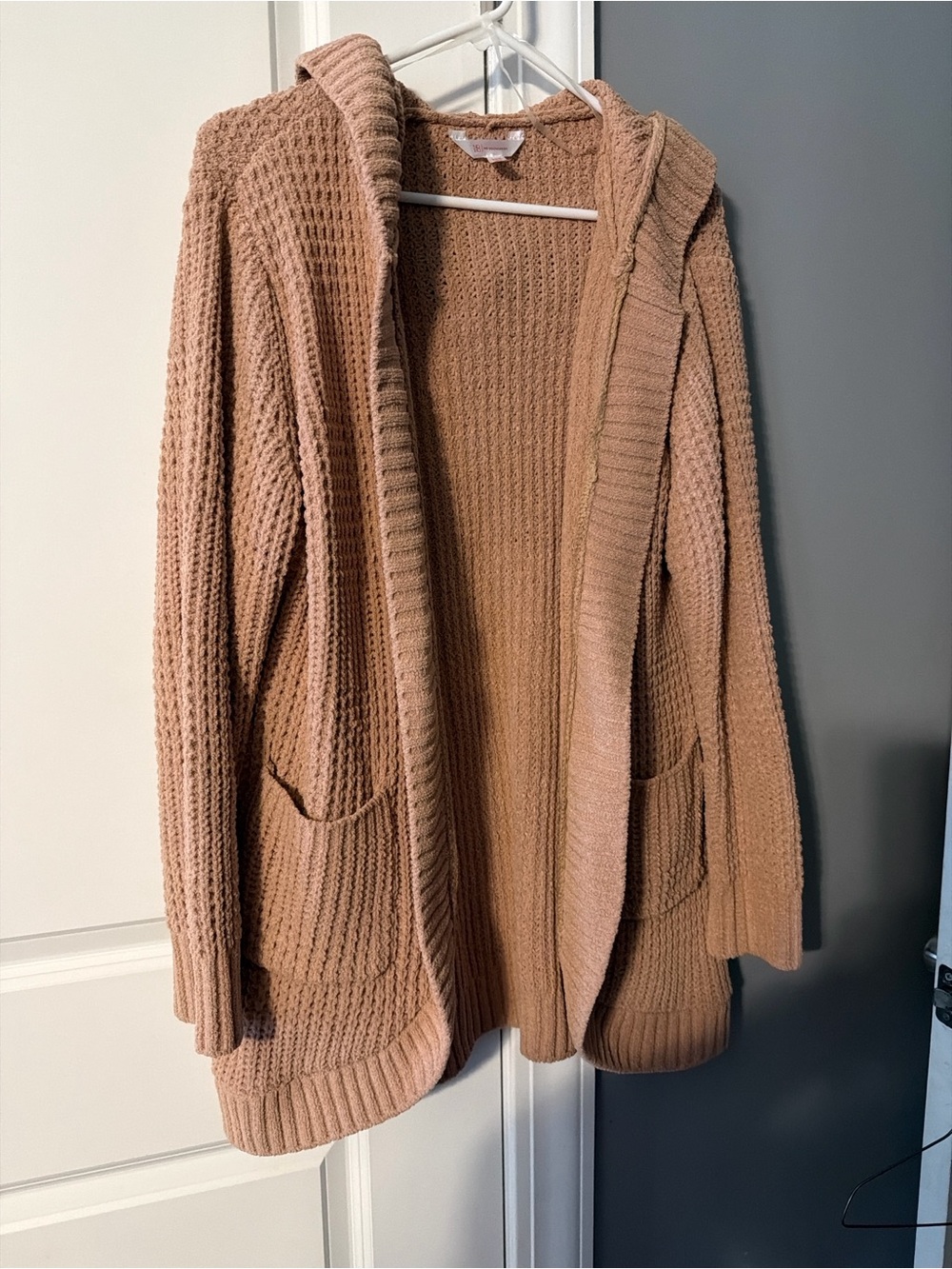 No Boundaries Waffle-Knit Open Cardigan in Camel/Tan